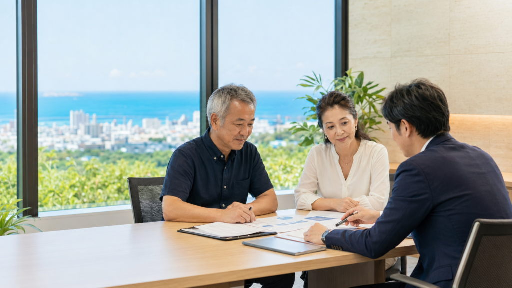 沖縄の会議室でM&Aについて相談する経営者とアドバイザー