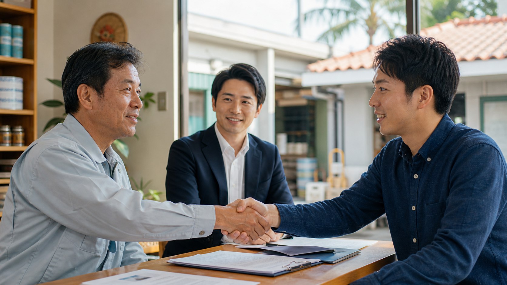 沖縄の事業承継M&Aで経営者と買い手が握手する様子