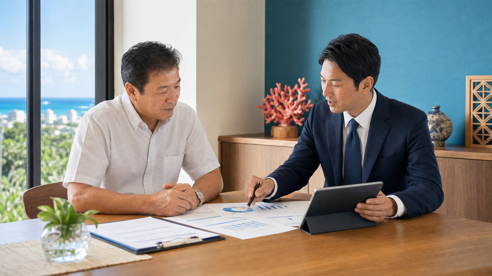 沖縄企業の企業価値診断で資料を確認する経営者とアドバイザー