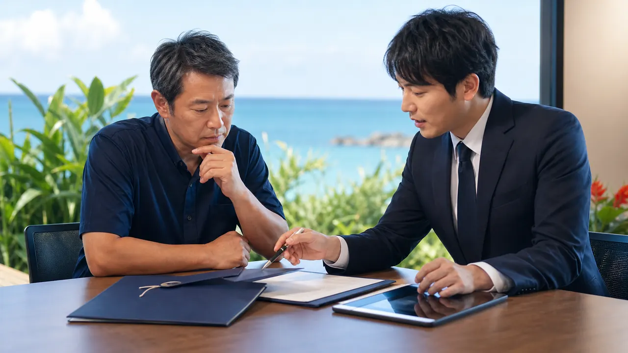 沖縄企業の匿名相談で秘密保持資料を確認する経営者とアドバイザー