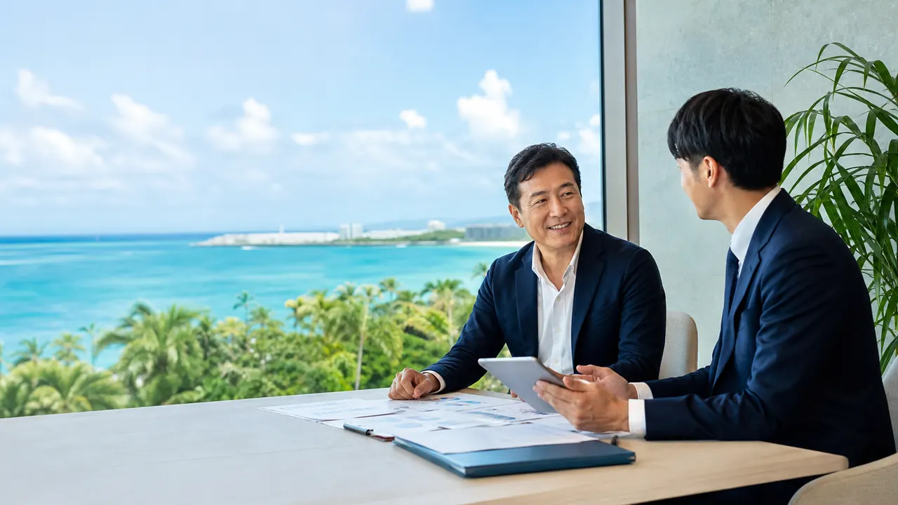 沖縄の会社売却について相談する経営者とM&Aアドバイザー