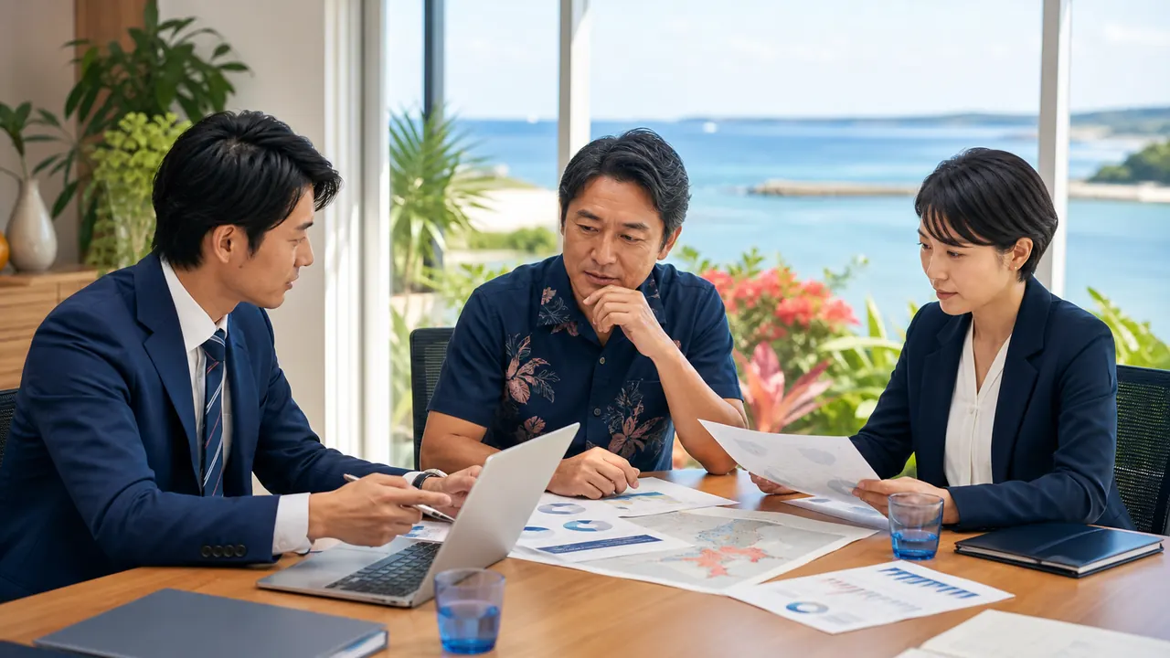 沖縄企業の価値診断で資料を確認する経営者とアドバイザー